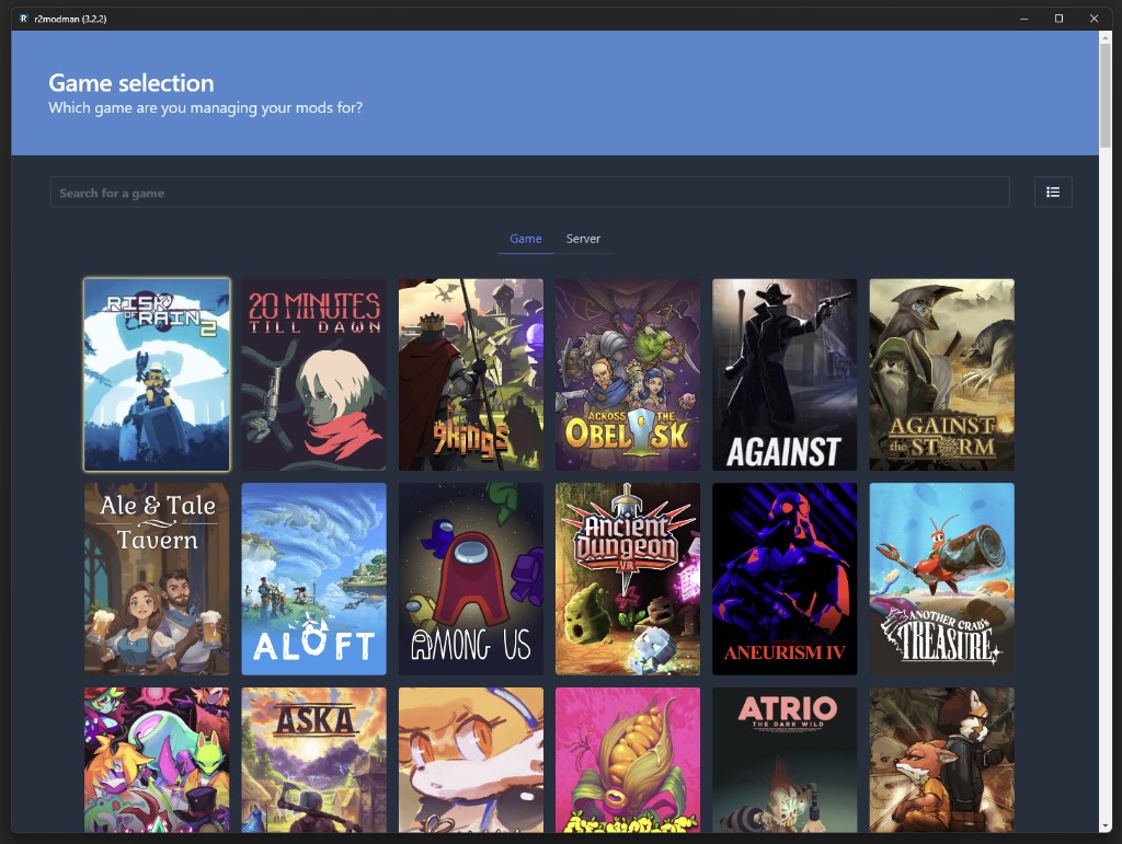 R2ModMan title picker with search filtering Thunderstore-supported games
