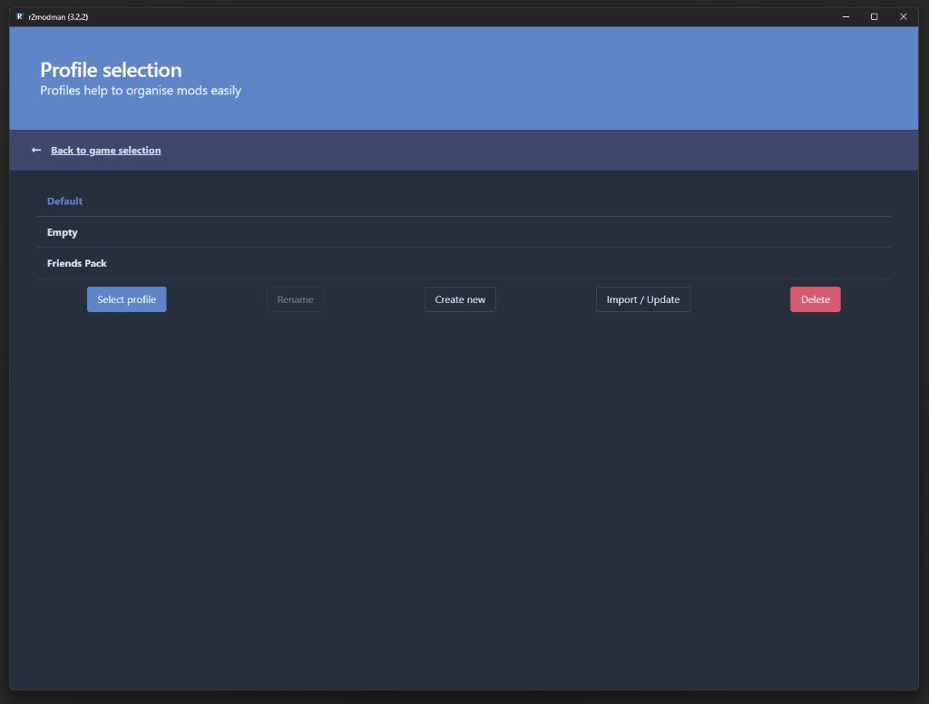 Separate mod profiles listed inside the R2ModMan profile manager