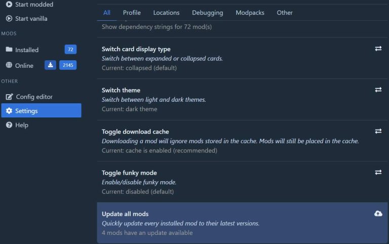 Settings pane highlighting update-all mods in R2ModMan