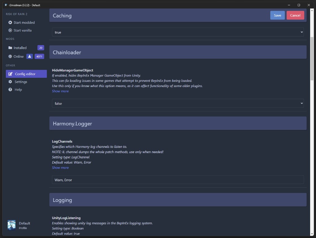 In-app BepInEx and mod configuration editor within R2ModMan