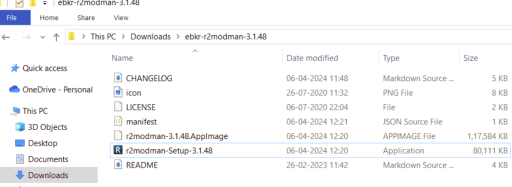Explorer window pointing at the R2ModMan setup file after unpack