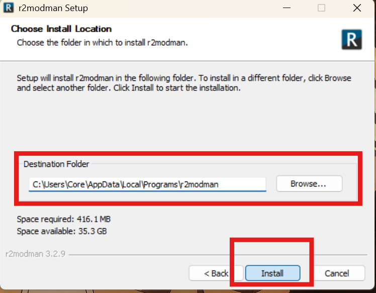 Destination folder step before R2ModMan setup completes