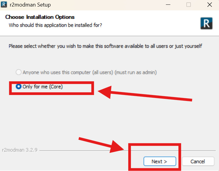 Installer screen selecting per-user scope for R2ModMan